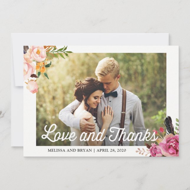 Carte De Remerciements Rustic Boho Floral Mariage Photo Love and Thanks (Devant)