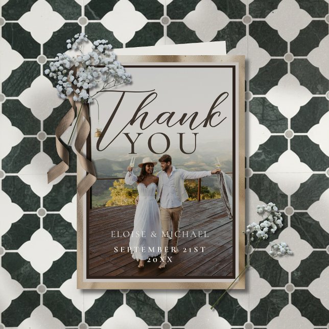 Carte De Remerciements Rustic Brown Botanical Pattern Photo Wedding (Thank your guests for celebrating your big day with this Rustic Brown Photo Folded Thank You Card!)
