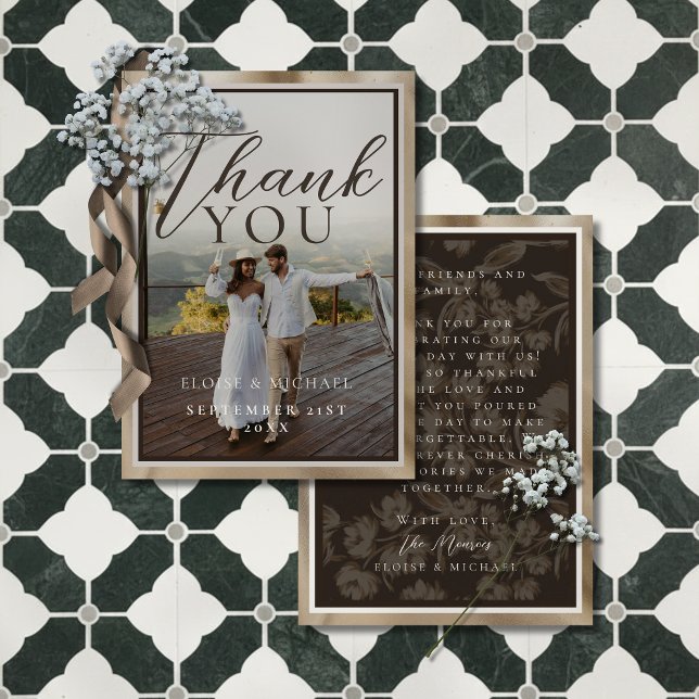 Carte De Remerciements Rustic Brown Botanical Pattern Photo Wedding (Thank your guests for celebrating your big day with this Rustic Brown Photo Thank You Card!)