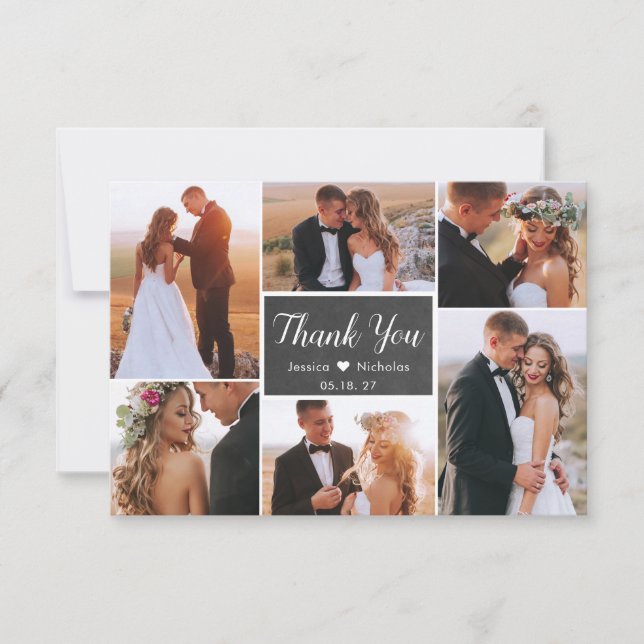 Carte De Remerciements Rustic Chalkboard 6 Photo Collage Script Mariage (Devant)
