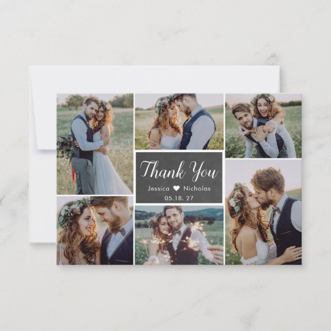 Carte De Remerciements Rustic Chalkboard Script 6 Photo Collage Mariage (Devant)