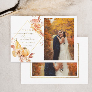 Carte De Remerciements Rustic Fall Floral Citrouille Mariage 2 Photo Gold