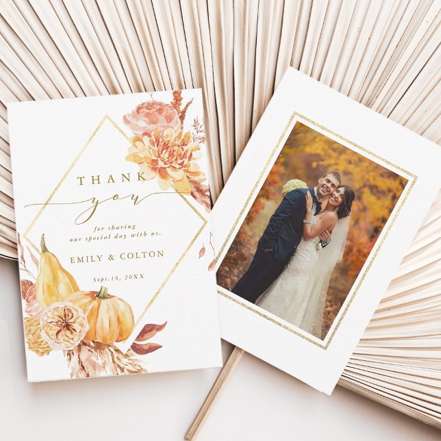 Carte De Remerciements Rustic Fall Floral Citrouille Mariage Photo Gold (Front & Back)