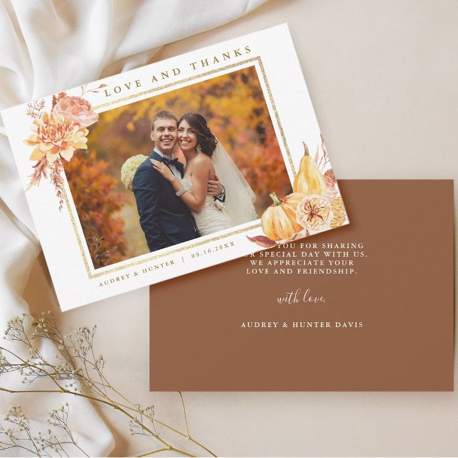 Carte De Remerciements Rustic Fall Floral Mariage Gold Frame Photo (Front & Back)