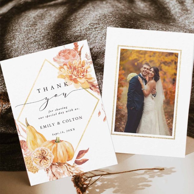 Carte De Remerciements Rustic Fall Gold Floral Citrouille Photo Mariage (Front & Back)