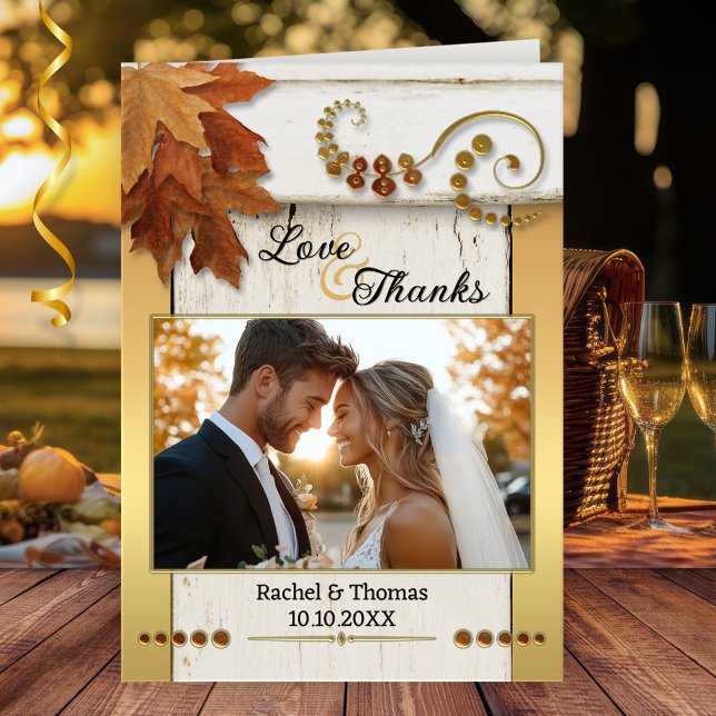 Carte De Remerciements Rustic Fall Leaves Wedding Photo Thank You Card (Rustic wedding Thank You photo note card featuring colorful leaves on rustic wood with gold)