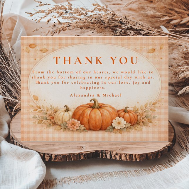 Carte De Remerciements Rustic Gingham Pumpkin Fall Wedding (Créateur téléchargé)