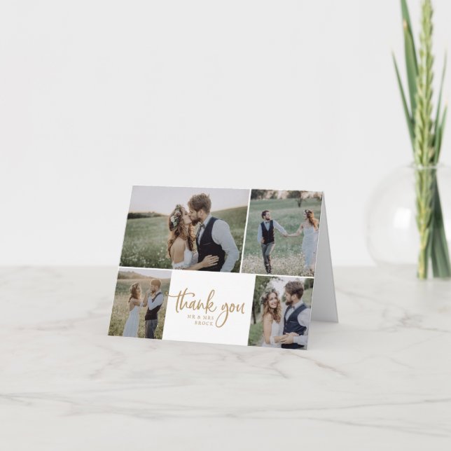Carte De Remerciements Rustic Gold Script 4 Photo Collage plié Mariage (Devant)