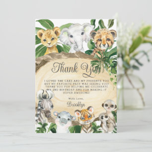 Carte De Remerciements Rustic Jungle Animaux Bois Verdure fête d'annivers