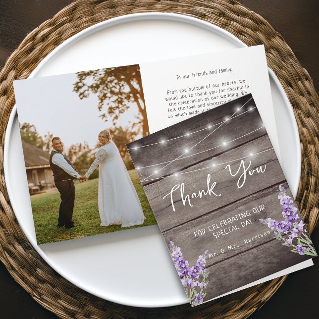 Carte De Remerciements Rustic Lavender Wood Texture Light Wedding Photo (Rustic Lavender Wood Texture Light Wedding Photo Thank You Card)