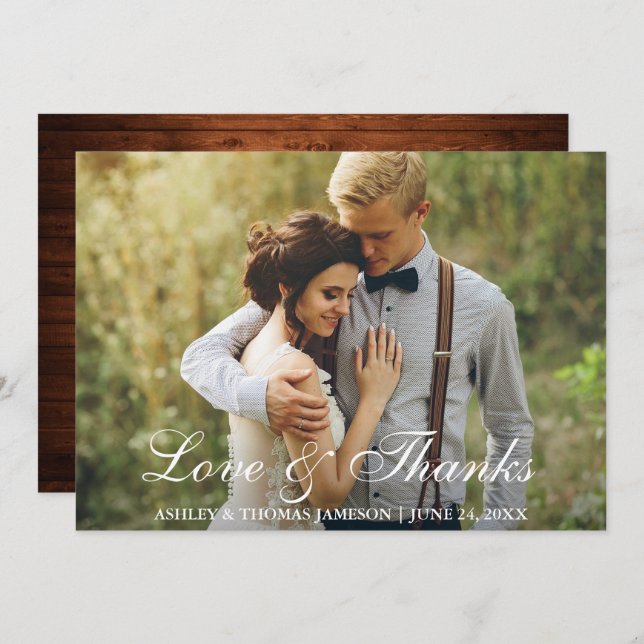 Carte De Remerciements Rustic Mariage Wood Back Photo Love and Thanks (Devant / Derrière)