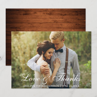 Carte De Remerciements Rustic Mariage Wood Back Photo Love and Thanks