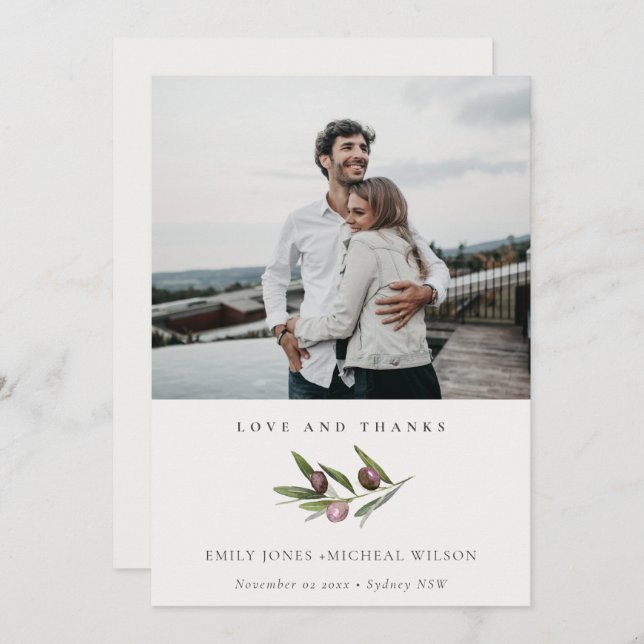 Carte De Remerciements Rustic Minimal Olive Branch Foliage Mariage Photo (Devant / Derrière)