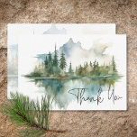 Carte De Remerciements Rustic Mountain Lake Scene Mariage d'aquarelle<br><div class="desc">Echappez-vous à une retraite sereine en montagne avec votre carte de remerciements mariage. Ce design exquis présente un tableau d'aquarelle époustouflant d'une montagne majestueuse, ses pentes drapées de pins luxuriants, reflétant leur beauté dans les eaux cristallines en contrebas. Les tons naturels doux du bronzage, du vert, du blues turquoise et...</div>