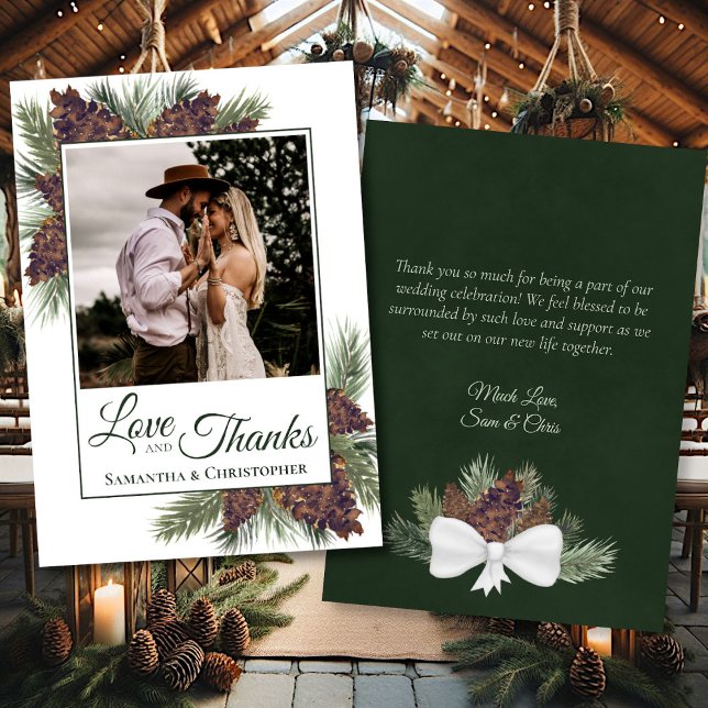 Carte De Remerciements Rustic Pinecones Love Thanks Photo & Note Mariage (Front/Back)