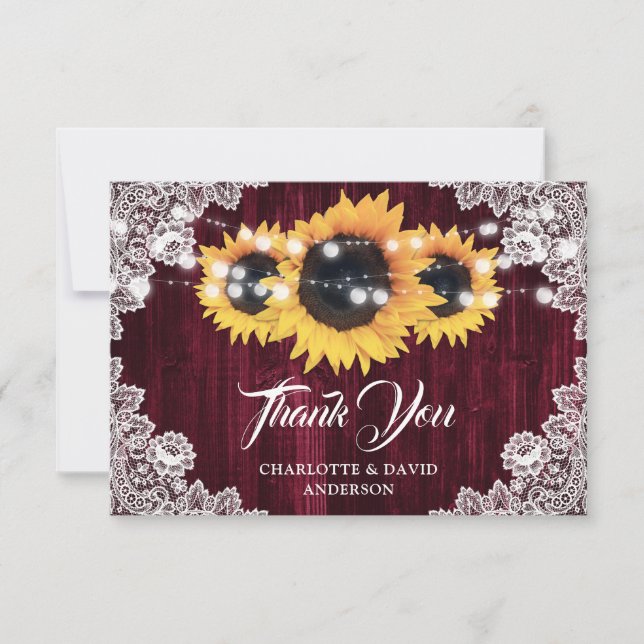 Carte De Remerciements Rustic Sunflower Wood Floral Lace Burgundy Wedding (Devant)