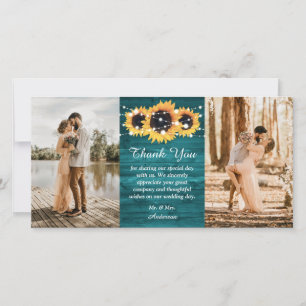 Carte De Remerciements Rustic Teal Wood Burlap Heart Sunflower Photo