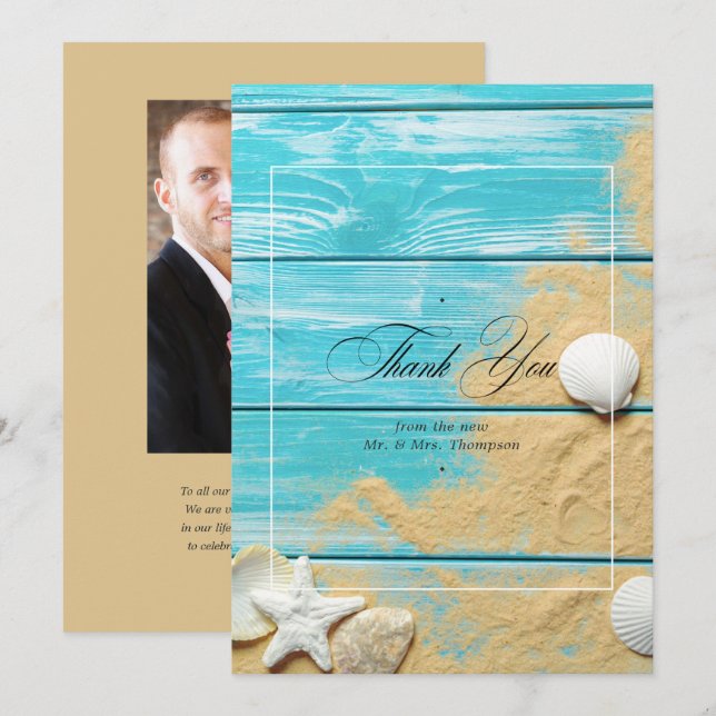 Carte De Remerciements Rustic Turquoise Beach Wedding Photo (Devant / Derrière)