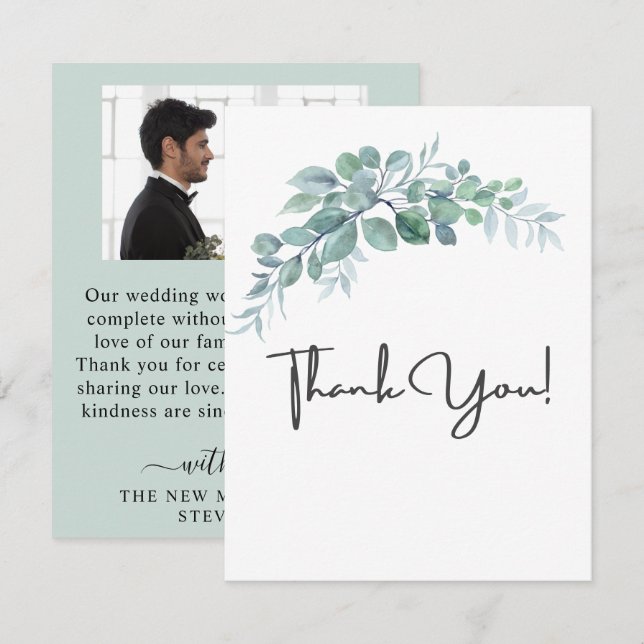 Carte De Remerciements Rustic Watercolor Eucalyptus Greenery Wedding (Devant / Derrière)