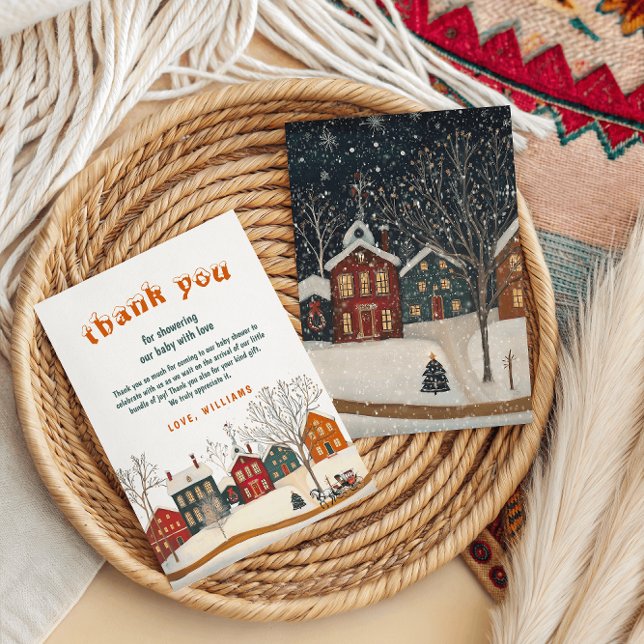 Carte De Remerciements Rustic Winter Baby Shower Snow Village (Créateur téléchargé)