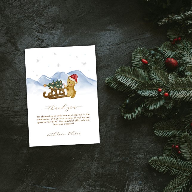Carte De Remerciements Rustic Winter Snow Sleigh Bear Baby Shower  (Rustic Winter Snow Sleigh Bear Baby Shower Thank You Card)