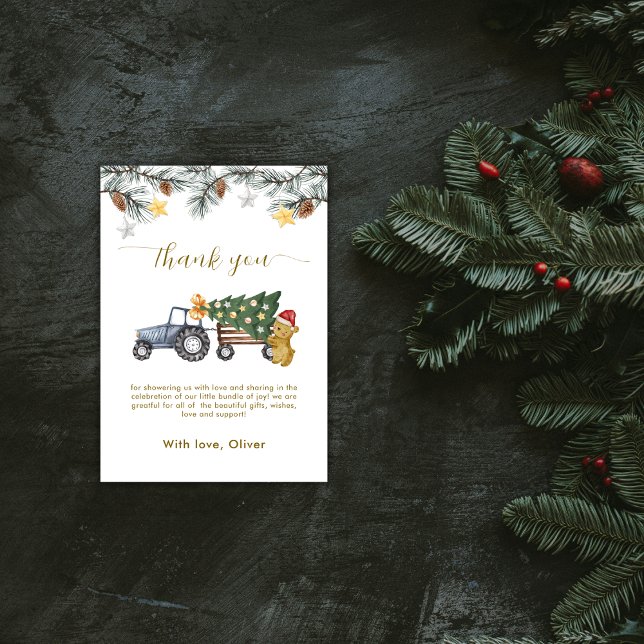Carte De Remerciements Rustic Winter X'mas Tree Tractor Bear Baby Shower  (Rustic Winter X'mas Tree Tractor Bear Baby Shower Thank You Card)