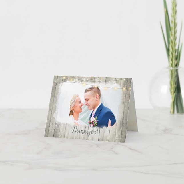 Carte De Remerciements Rustic Wood Beach Chaîne Lumières Photo Mariage (Devant)