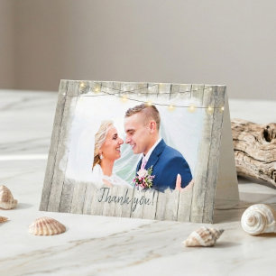 Carte De Remerciements Rustic Wood Beach Chaîne Lumières Photo Mariage