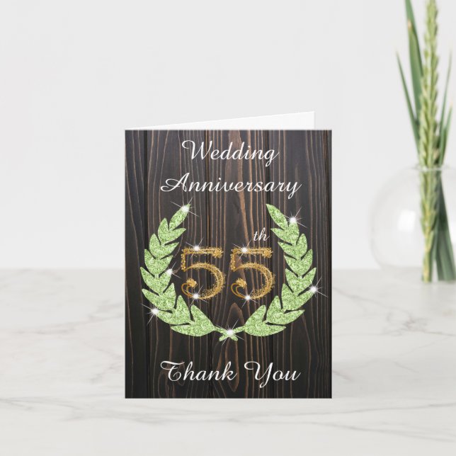 Carte De Remerciements Rustic Wood Emerald Laurel 55e anniversaire (Devant)