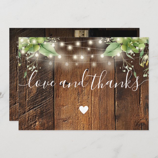 Carte De Remerciements Rustic Wood Greenery String Lights Wedding Photo (Devant / Derrière)