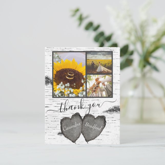 Carte De Remerciements Rustic Wood Hearts Aspen 3 photo collage Mariage T (Debout devant)
