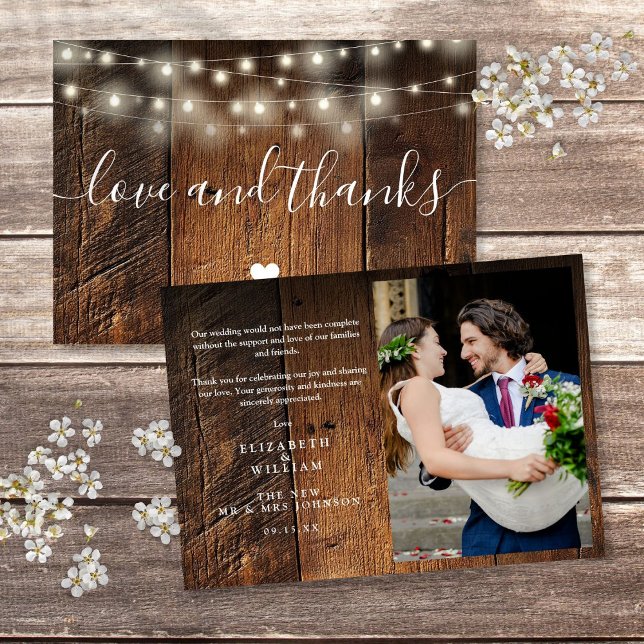 Carte De Remerciements Rustic Wood String Lights Wedding Photo (Rustic Wood String Lights Wedding Photo Thank You Card)