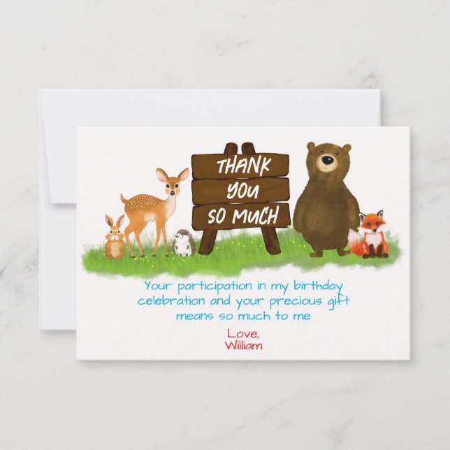 Carte De Remerciements Rustic Woodland Forest Animals Birthday  (Devant)