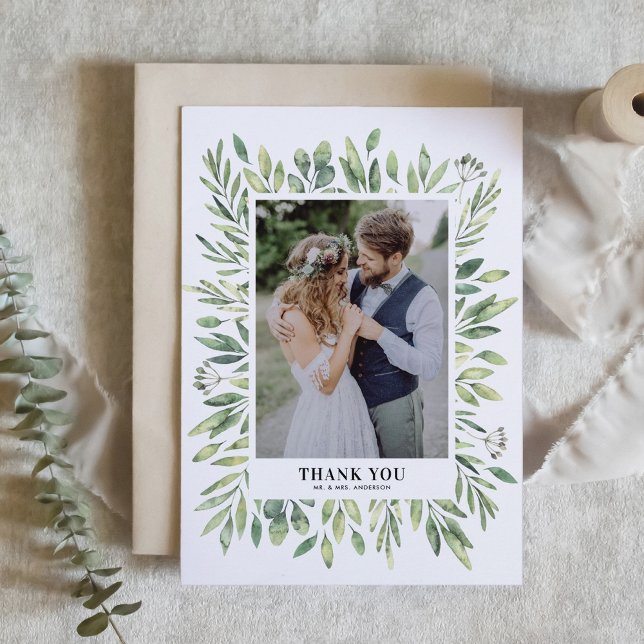 Carte De Remerciements Rustique aquarelle Cadre vert Mariage photo (Créateur téléchargé)