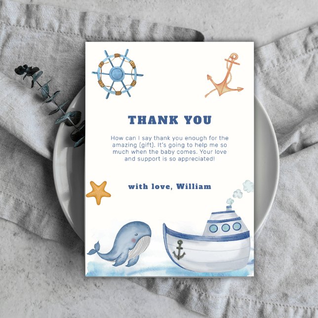 Carte De Remerciements Rustique Boho Ahoy Garçon Baleine Voilier Baby Sho (Rustic Boho Ahoy Boy Whale Sailboat Baby Shower Thank You Card)