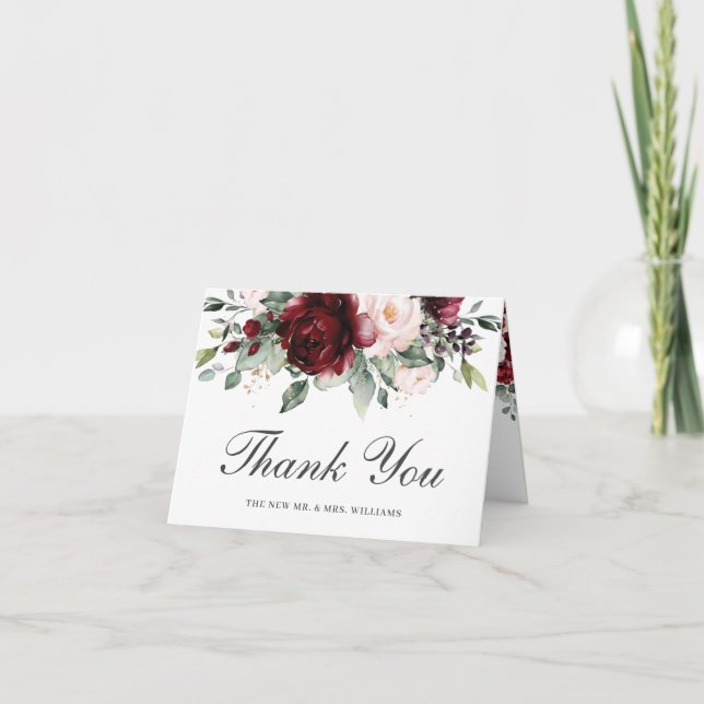 Carte De Remerciements Rustique Chic Bourgogne Blush Floral Mariage Brida (Devant)
