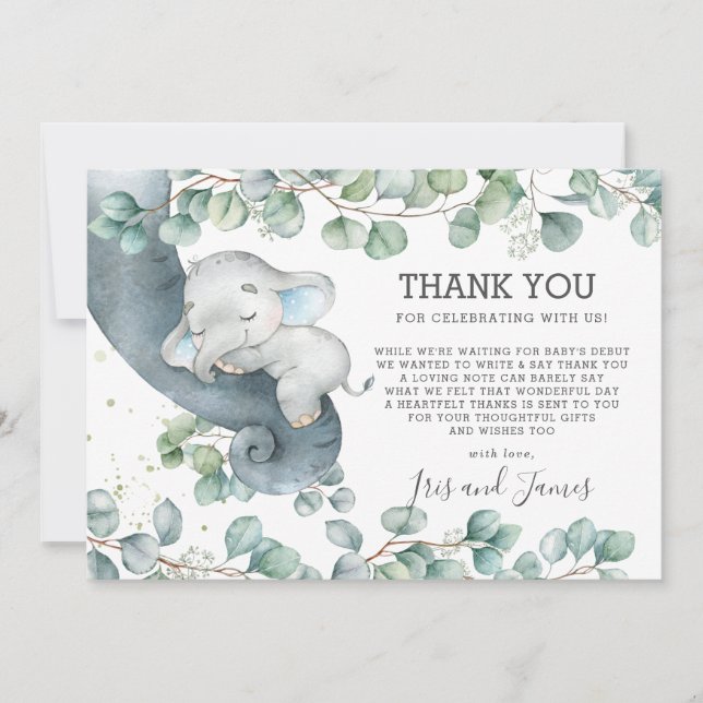 Carte De Remerciements Rustique Chic Green Elephant Baby shower Garçon (Devant)
