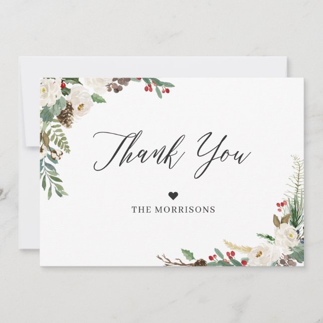 Carte De Remerciements Rustique Chic Hiver Floral Holly Berries Mariage (Devant)