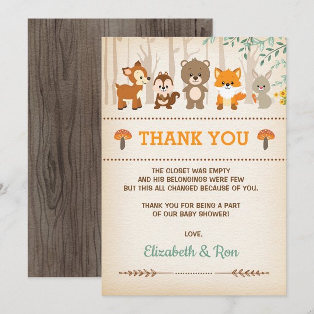 Carte de remerciements rustique de forêt de baby (Devant / Derrière)