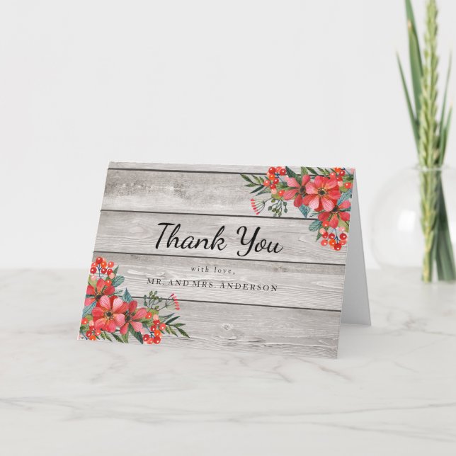 Carte de remerciements rustique en bois et fleurs (Devant)