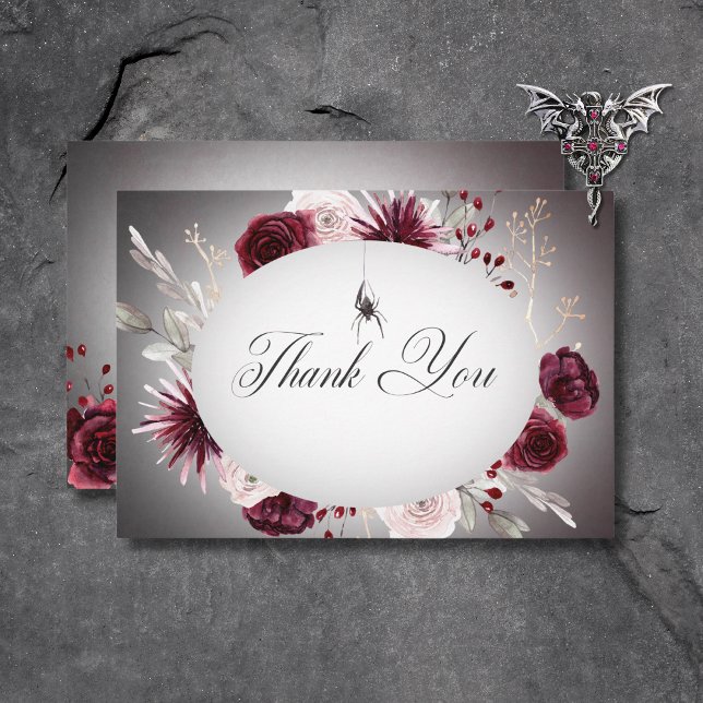 Carte De Remerciements Rustique gothique Noir & Bourgogne Mariage d'Hallo (Rustic Gothic Black & Burgundy Halloween Wedding Thank You Card)