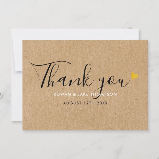 Carte De Remerciements Rustique Kraft Cœurs Élégants Script (Devant)