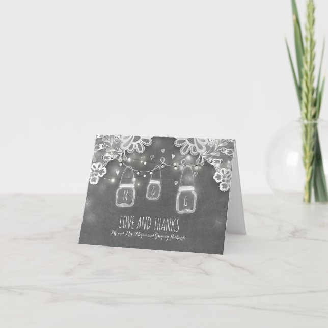 Carte De Remerciements Rustique Mason Jar Lumières et dentelle Mariage Me (Devant)