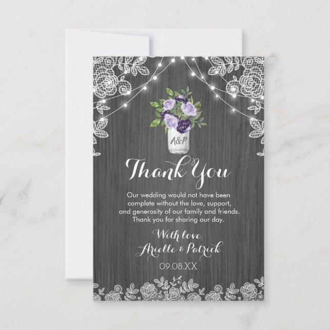 Carte De Remerciements Rustique Mason Jar Purple Silver Grey FlorMariage (Devant)