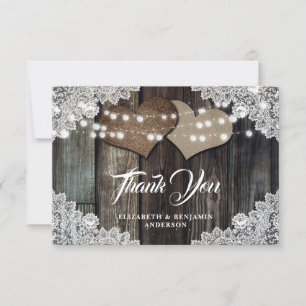 Carte De Remerciements Rustique Pays Dentelle de bois Mariage Coeurs