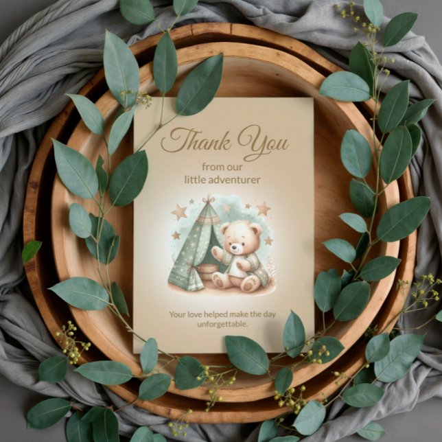 Carte De Remerciements Rustique Petit Aventurier Teddy Ours Bébé (Thank you from our little adventurer teddy bear baby shower thank you card)