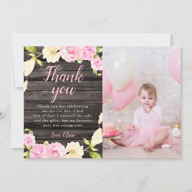 Carte De Remerciements Rustique rose floral fille Anniversaire Photo pers (Devant)