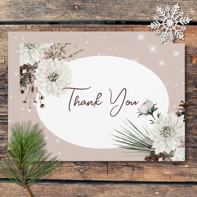 Carte De Remerciements Rustique Tan Pine Hiver Mariage étincelant (Rustic Tan Pine Winter Sparkle Wedding Thank You Card)