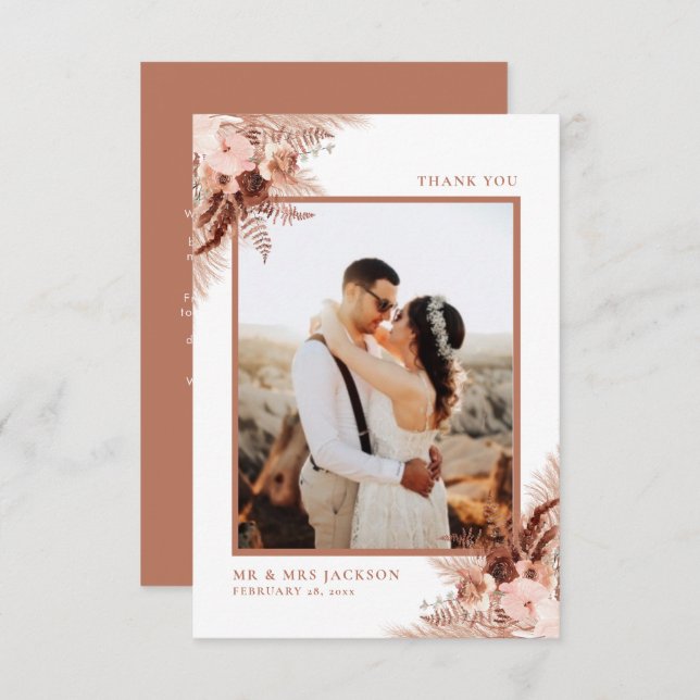 Carte De Remerciements Rustique Terracotta Pampas Grass mariage élégant (Devant / Derrière)