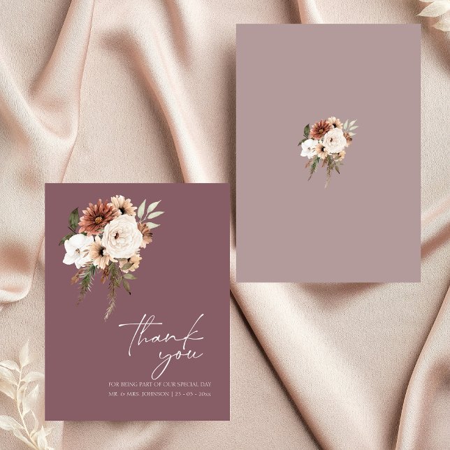 Carte De Remerciements Rustique violet et Pêcher Mariage floral (Rustic Purple and Peach Floral Wedding Thank You Card)